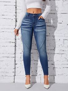 SHEIN Privé Slant Pocket Skinny Jeans - Medium Wash - View 1