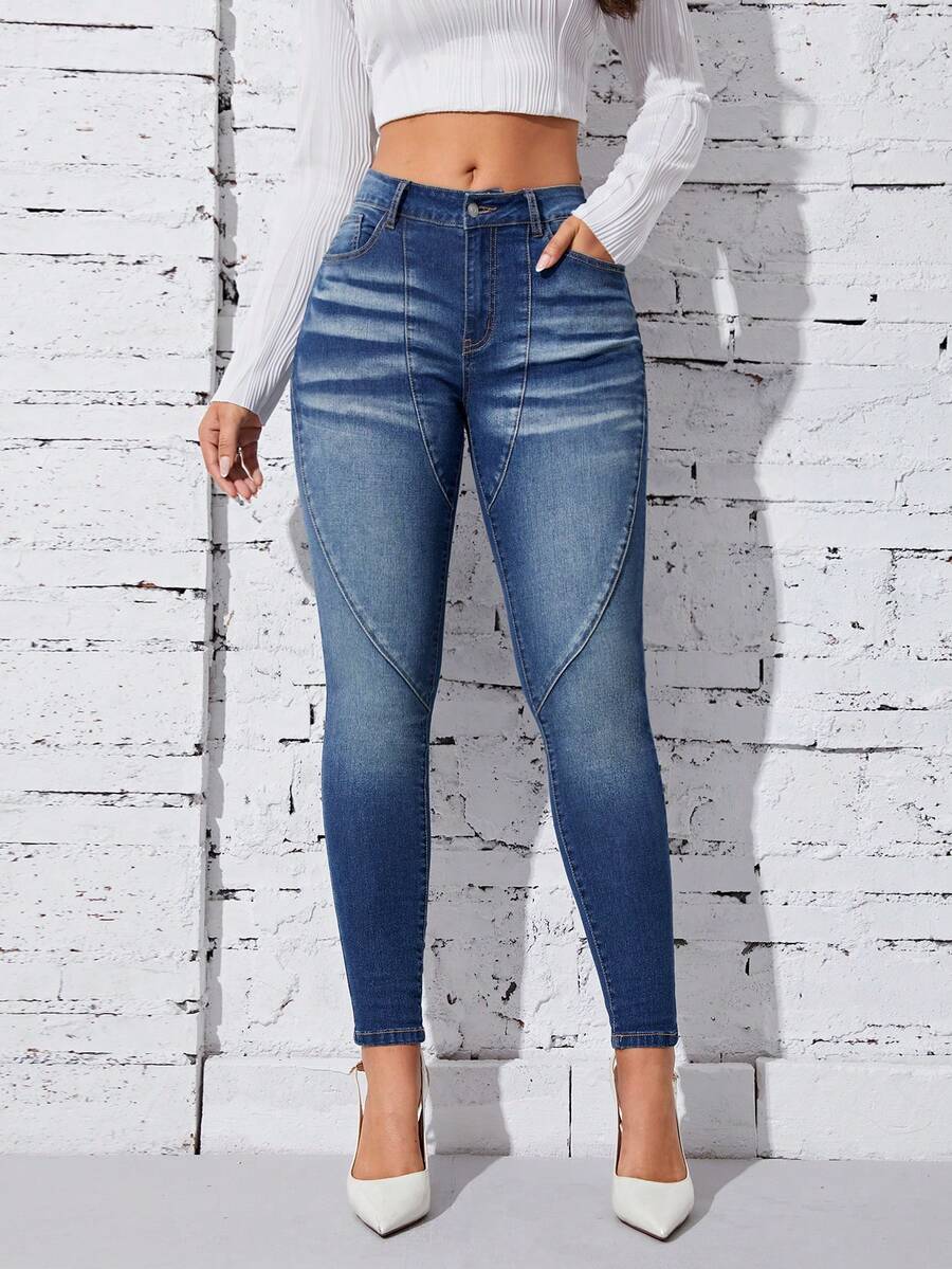 SHEIN Privé Slant Pocket Skinny Jeans - Medium Wash - View 1