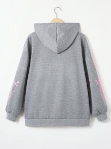 SHEIN EZwear Áo nỉ cỡ lớn in hình đầu lâu, có khóa kéo và dây rút. - Màu Xám nhạt - Xem 2