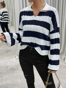 SHEIN Essnce Hai âm Thả vai Xoắn Dan Áo len - Xanh và trắng - Xem 5