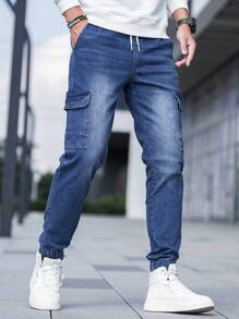 Manfinity Homme Men Flap Pocket Drawstring Waist Cargo Jeans Slim Fit Long Washed Denim Joggers Jean Plain Dark Blue Going Out Casual Friends Commute Urban Street Work Going Out - Medium Wash - View 6