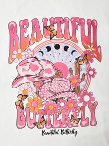 SHEIN 少女蘑菇牛仔帽印花T恤，可爱又时尚，春夏新品，节日主题，日常休闲完美之选 - 白色 - 查看 3