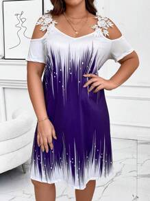 SHEIN Clasi Plus Summer 拼色露肩花边贴花连衣裙 - 紫色 - 查看 4