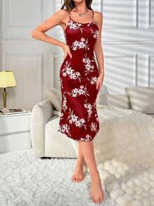 Floral Print Lettuce Trim Cami Pajama Nightdress PerfectSummer - Red - View 3