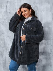 SHEIN LUNE Plus Flap Pocket Drop Shoulder Teddy Coat - Dark Grey - View 3