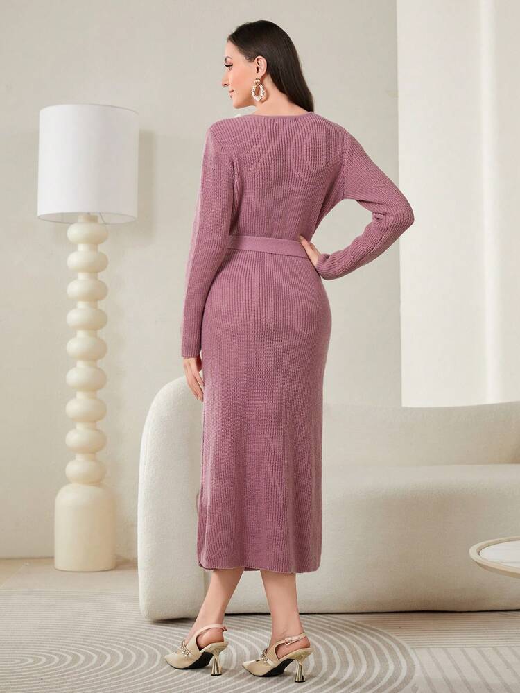 Contrast Trim Button Front Belted Sweater Dress