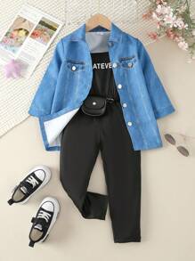 SHEIN 帶印花信封的年輕女孩連帽外套，連身衣，腰包 - 黑色 - 查看 1