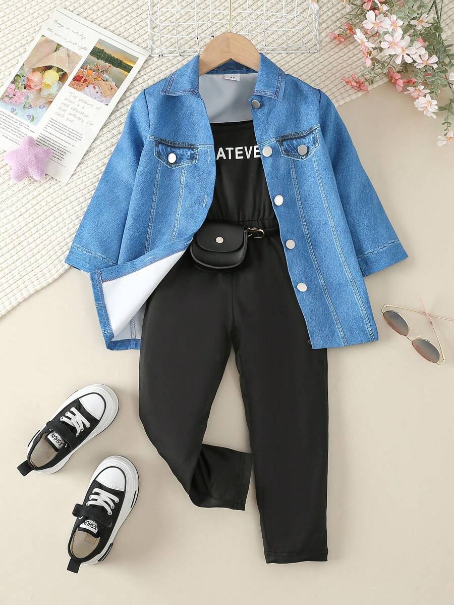 SHEIN 帶印花信封的年輕女孩連帽外套，連身衣，腰包 - 黑色 - 查看 1