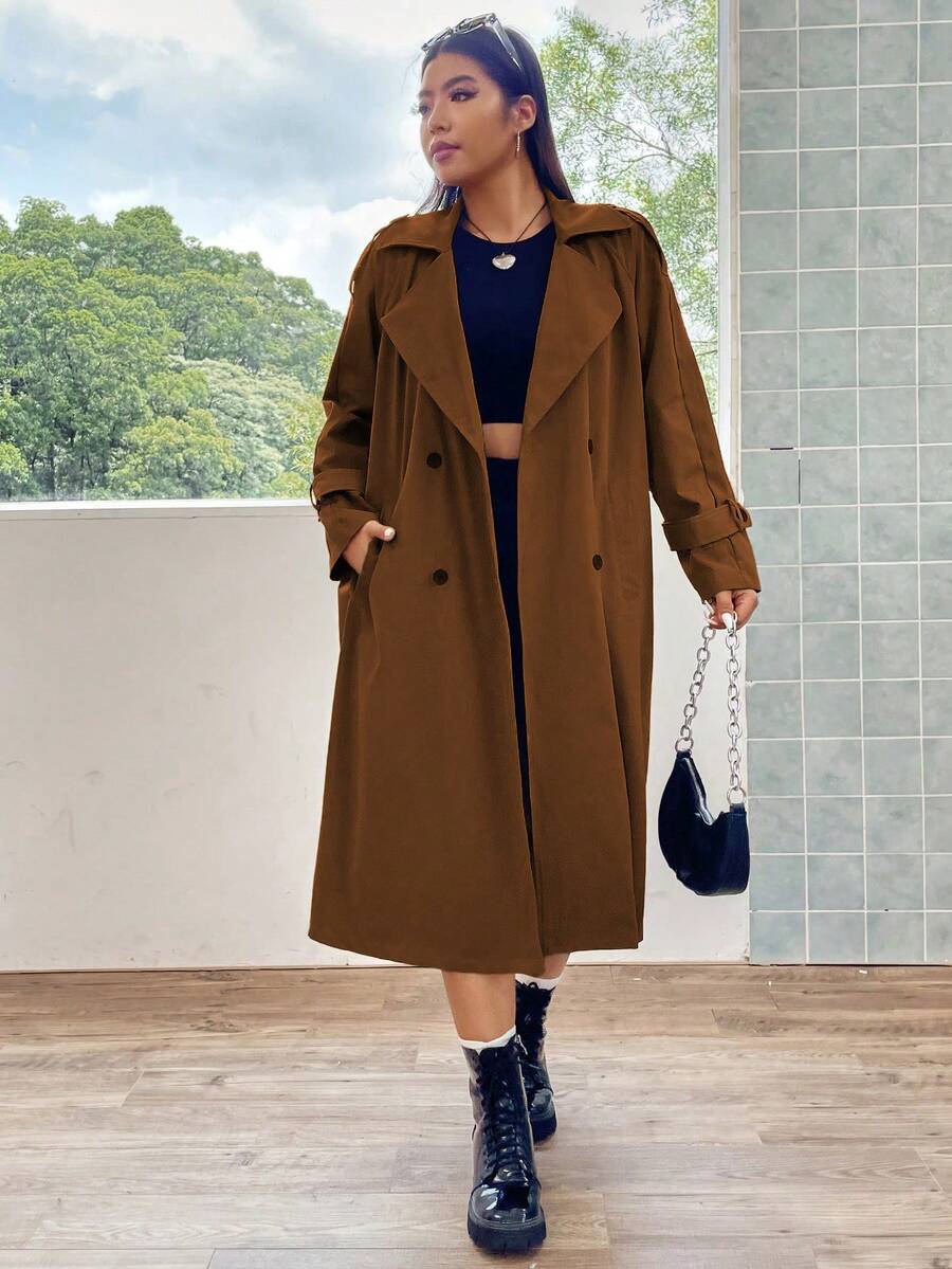 Flirla Hơn Cổ áo Đôi ngực Áo khoác Trench - màu nâu - Xem 1
