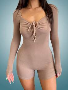 INAWLY Mặt trước dây rút Cổ Trái tim Tay Raglan Quần áo nịt Romper - Màu Khaki - Xem 2