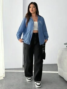 SHEIN EZwear 大碼恐龍印花拉鏈開襟連帽夾克 - 藍色 - 查看 4