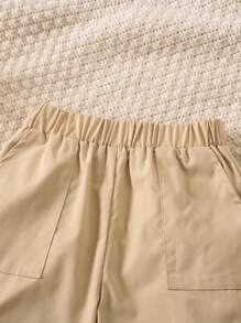 SHEIN 女小童側翻蓋口袋工裝褲 - 卡其色 - 查看 4