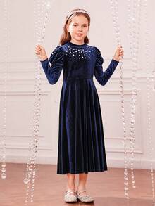 青少女針織實色短毛絨立領鑲釘3/4袖連衣裙 - 藏蓝色 - 查看 4