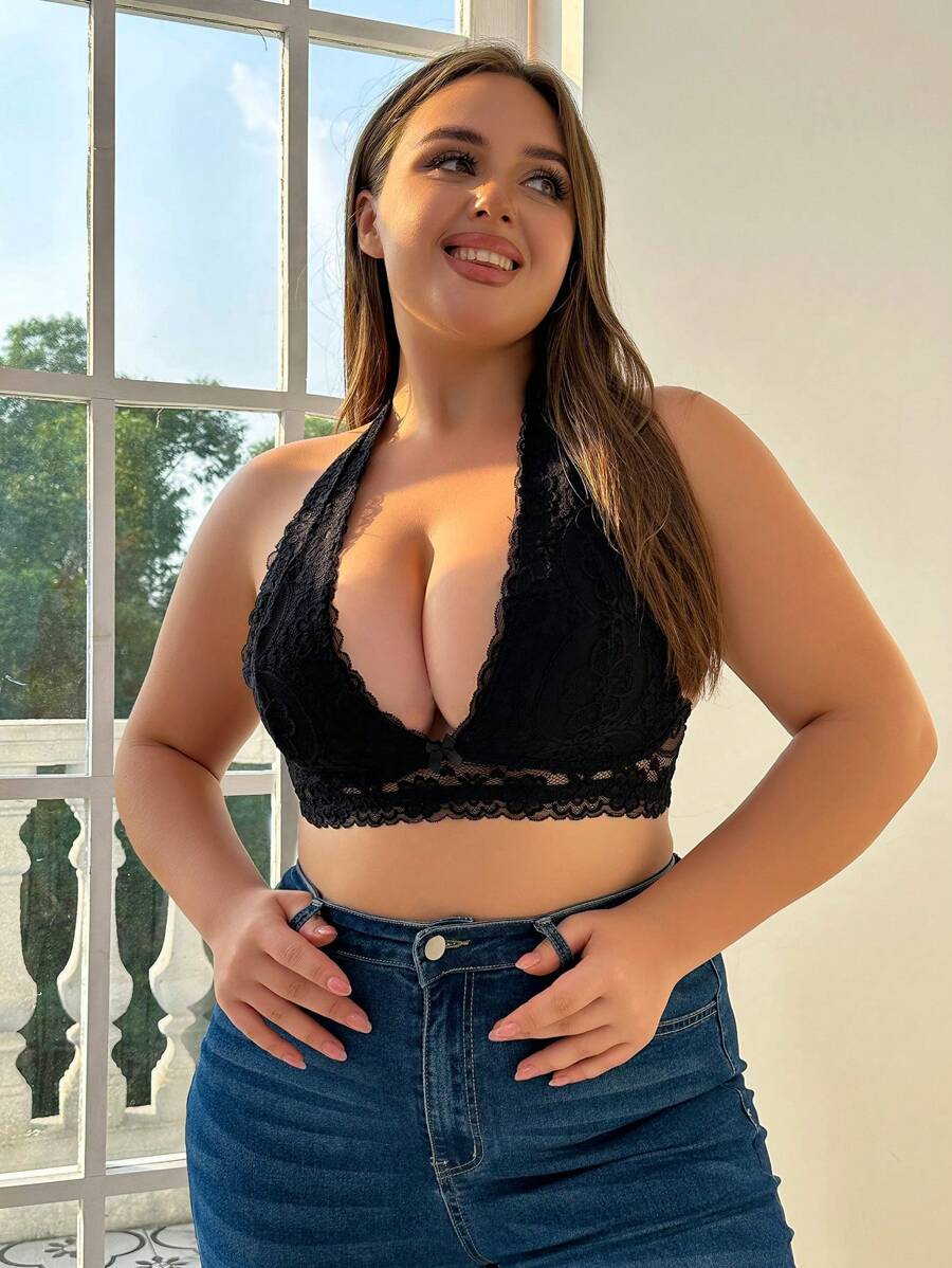 Plus Floral Lace Halter Bralette - Black - View 1
