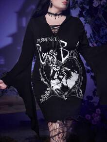 Corpse Bride | ROMWE Hơn Nhân vật hoạt hình & Đồ họa Chữ cái Tay áo kèn  Đầm - màu đen - Xem 5