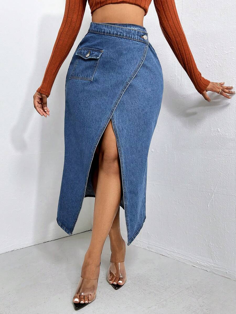 SHEIN SXY 高腰翻蓋口袋圍裹牛仔半身裙 - 深色水洗藍 - 查看 1