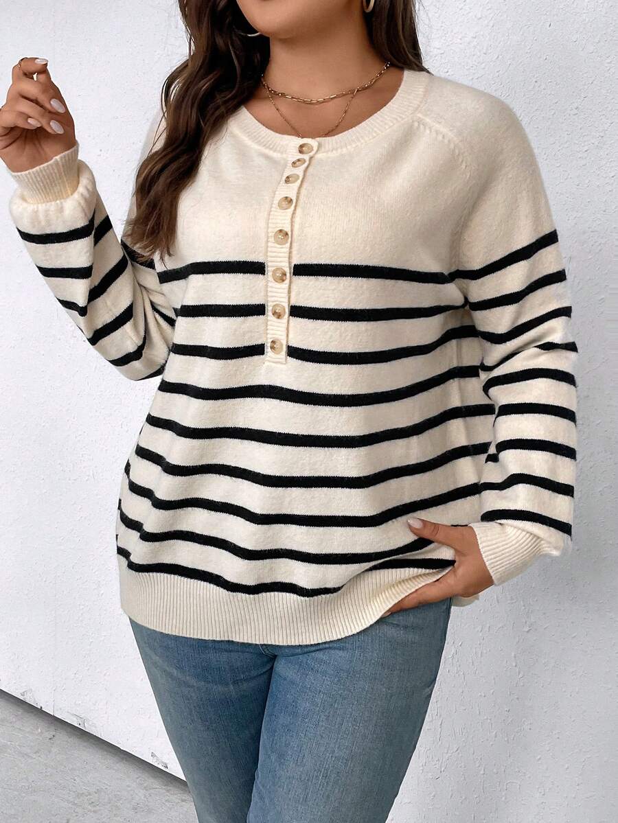 SHEIN LUNE Hơn Mẫu sọc Nút Nửa Tay Raglan Áo len - Nhiều màu - Xem 1