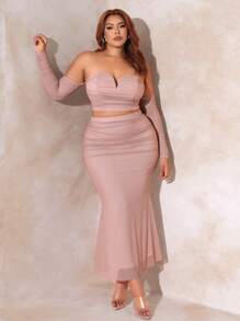 SHEIN SXY Plus Off Shoulder Ruched Mesh Top & Skirt - Dusty Pink - View 1