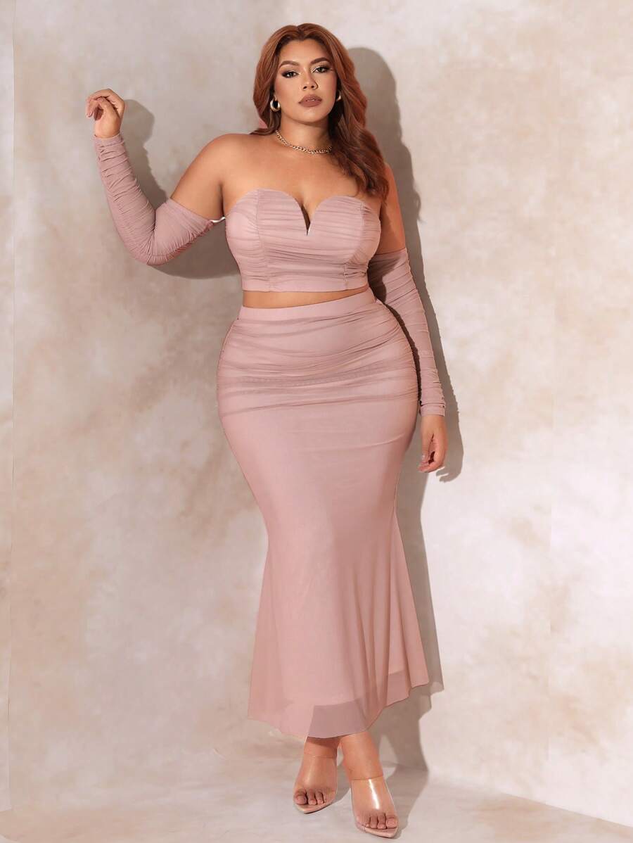 SHEIN SXY Plus Off Shoulder Ruched Mesh Top & Skirt - Dusty Pink - View 1