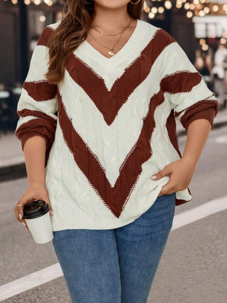 Plus Chevron Pattern Drop Shoulder Sweater