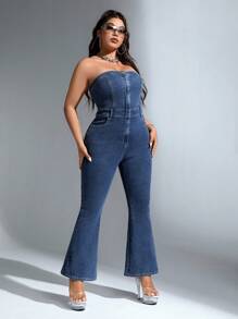 SHEIN ICON Plus Flare Leg Tube Denim Jumpsuit - Blue - View 5