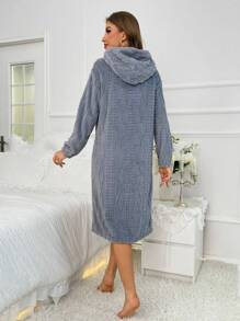 Button Through Flannel Lounge Robe, For Fall Winter - Dusty Blue - View 2