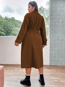 Flirla Hơn Cổ áo Đôi ngực Áo khoác Trench - màu nâu - Xem 2