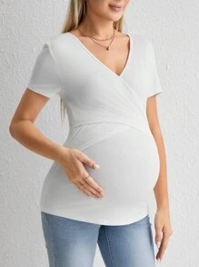SHEIN Maternity Crossover Front Nursing Tee - White - View 6