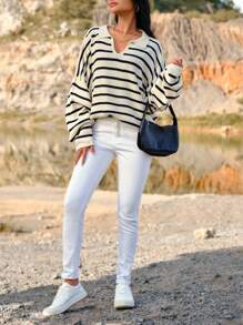 EURMUSE Plus Striped Pattern Drop Shoulder Sweater, For Winter - Multicolor - View 4