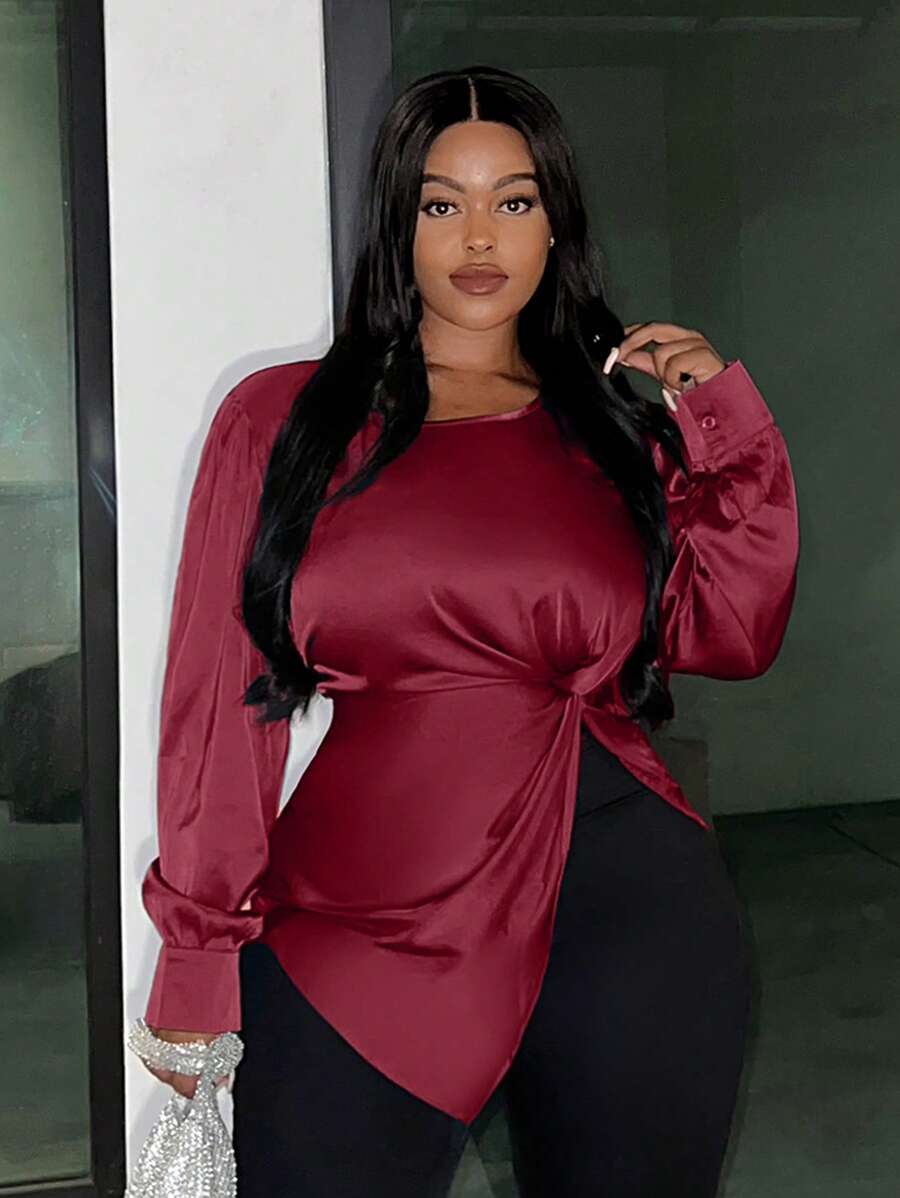 Slaydiva 大碼前扭結不對稱下擺緞面襯衫 - 酒紅色 - 查看 1