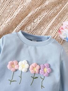 嬰兒女孩花卉圖案3D貼花長袖運動衫和長褲套裝,2入組,適用於秋冬 - 淺藍色 - 查看 3