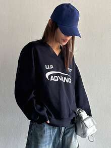 DAZY 字母圖案落肩袖運動衫 - 藏蓝色 - 查看 3