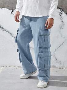 Manfinity EMRG Loose Fit Men's Flap Pocket Side Cargo Jeans Baggy Long Acid Wash Jean Plain Light Blue Going Out Street Wear Rapper - Blue - View 3