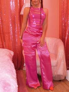 Slaydiva 素色側翻蓋口袋闊腿褲 - 粉色 - 查看 5