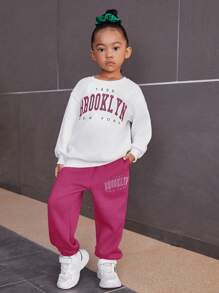 SHEIN 女小童字母圖案落肩袖衛衣和衛褲 - 玫紅色 - 查看 3