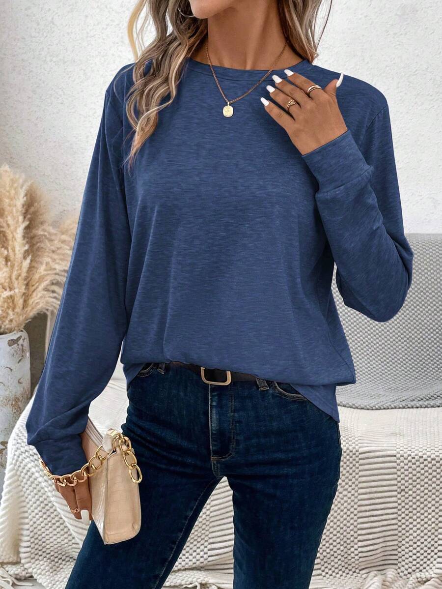 SHEIN LUNE 女士圆领彩色花卉印花休闲宽松舒适长袖 T 恤，夏季 - 藏蓝色 - 查看 1