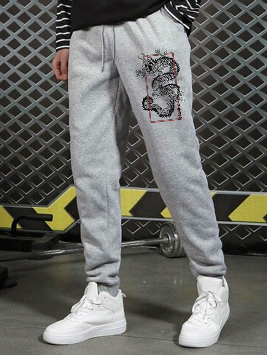 Manfinity Hypemode Lỏng lẻo phù hợp Nam Giải trí Quần Chạy bộ Với Bản in rồng Trung Quốc Và Eo dây rút - Xám - Xem 1