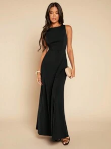 SHEIN Belle Solid Twist Backless Bridesmaid Dress - Black - View 2