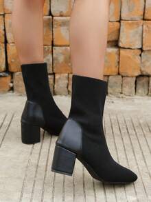彈力靴高跟鞋短靴,女性新風格尖頭粗跟彈力靴,黑色,修身靴子,襪子&鞋,牛仔靴 - 黑色 - 查看 5