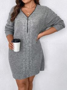 SHEIN Clasi Plus Drop Shoulder Zip Half Placket Sweater Dress, For Winter - Light Grey - View 6
