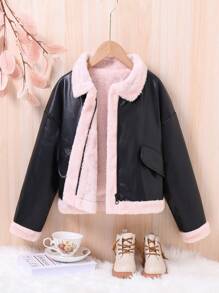 SHEIN Tween Girl Teddy Lined PU Leather Jacket - Black - View 1