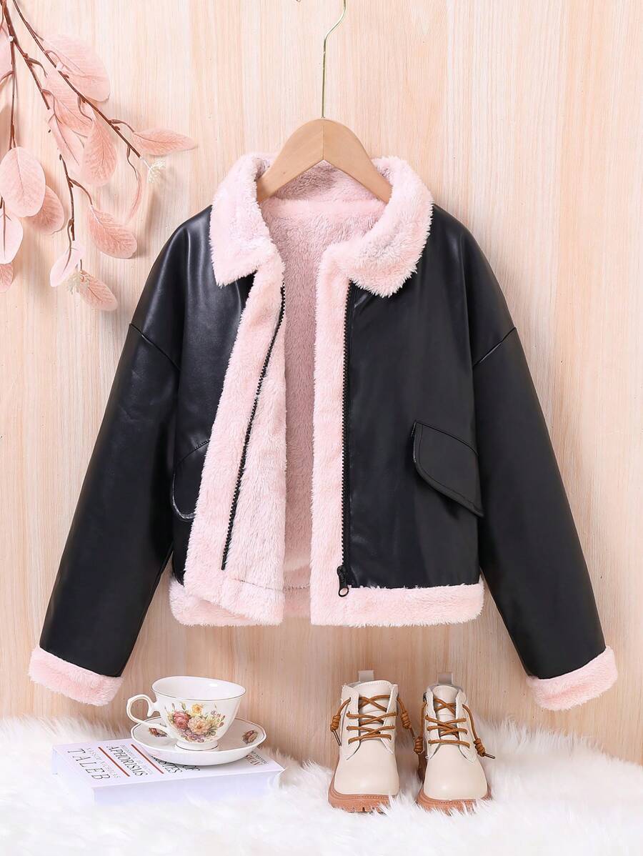 SHEIN Tween Girl Teddy Lined PU Leather Jacket - Black - View 1