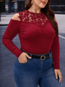 SHEIN Clasi Blusa con encaje de guipur y hombros al descubierto talla grande - Burdeos - Ver 5