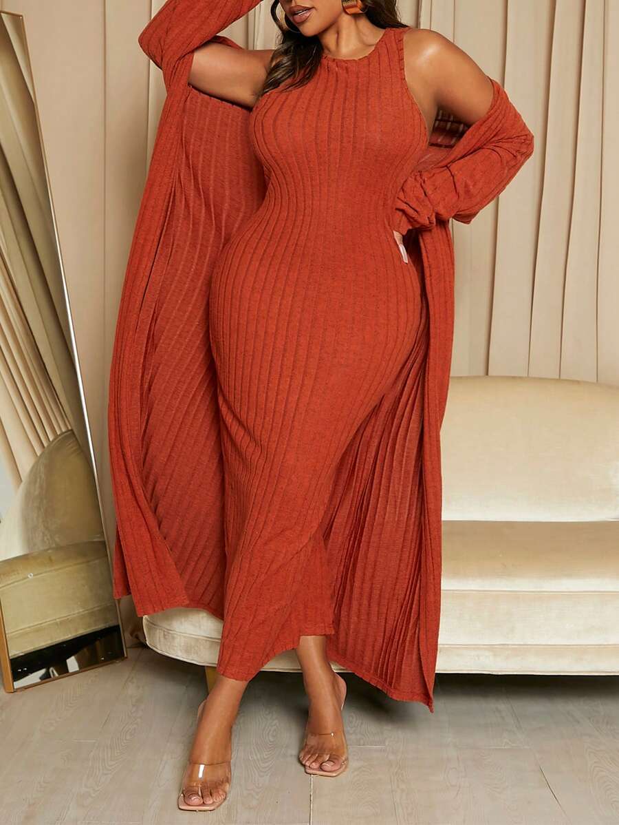 SHEIN SXY 大碼素色背心洋裝和開門襟外套 - 棕色 - 查看 1