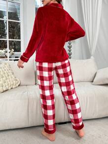 格紋印花拼接滾邊睡衣套裝 - 紅色 - 查看 2