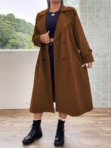 Flirla Hơn Cổ áo Đôi ngực Áo khoác Trench - màu nâu - Xem 5