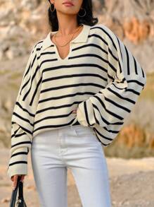 EURMUSE Plus Striped Pattern Drop Shoulder Sweater, For Winter - Multicolor - View 5