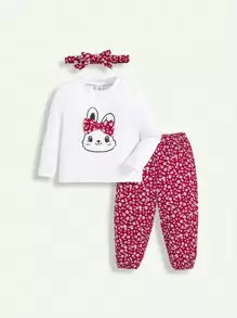 SHEIN 女嬰卡通圖案前蝴蝶結T恤和褲子＆ 頭巾睡衣套裝 - 白色 - 查看 1