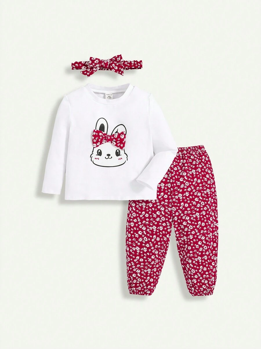 SHEIN 女嬰卡通圖案前蝴蝶結T恤和褲子＆ 頭巾睡衣套裝 - 白色 - 查看 1