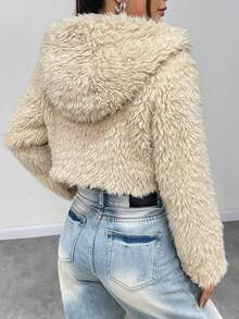 SHEIN Unity Open Front Hooded Fuzzy Coat - Khaki - View 2